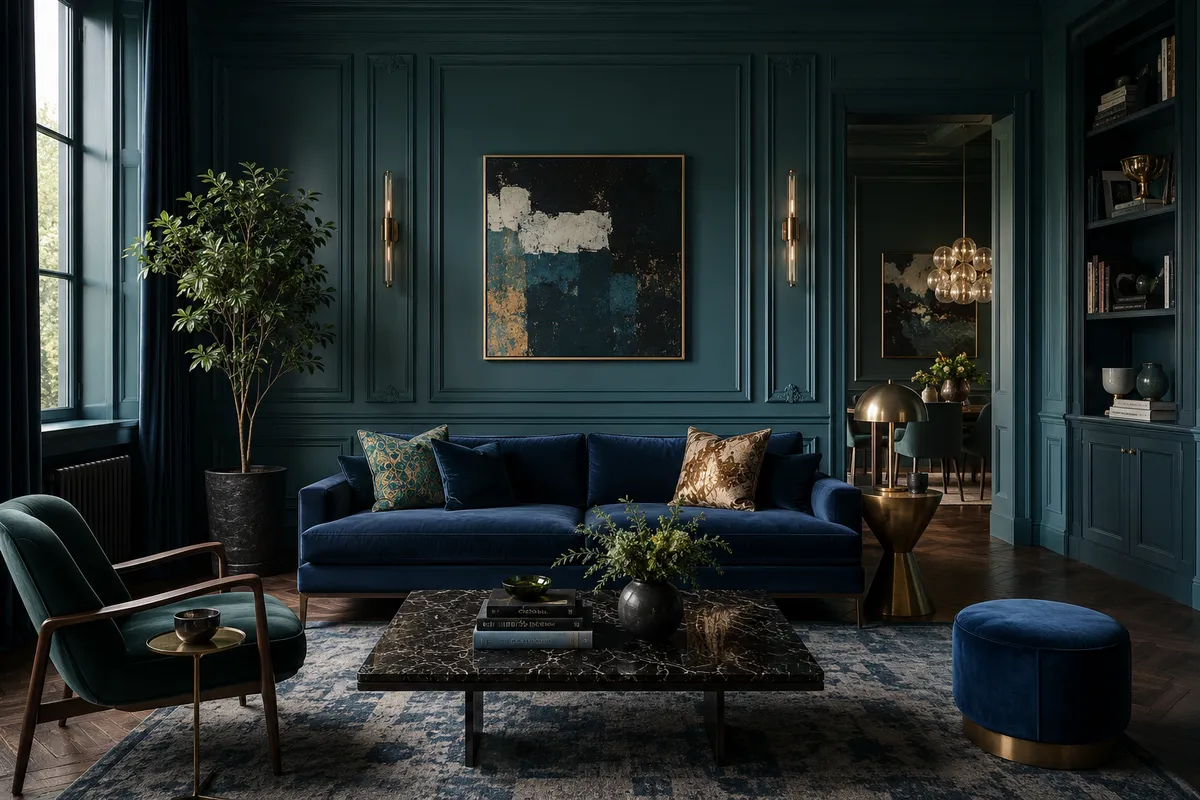 Salón completo en tonos verde petróleo con sofá azul, butaca y mesa de centro de mármol